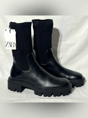 Zara Sock Ankle Boot Chunky Lug Pull-On Women's Punk Rock Edgy Grunge Goth